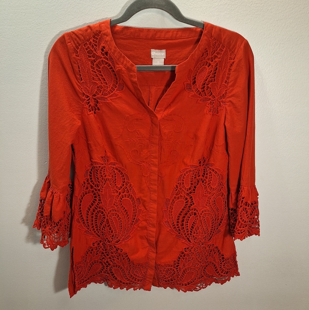 Chico's Womens Size 0 (Small) 3/4 Bell Sleeve Crochet Fairy Rust Red Blouse
